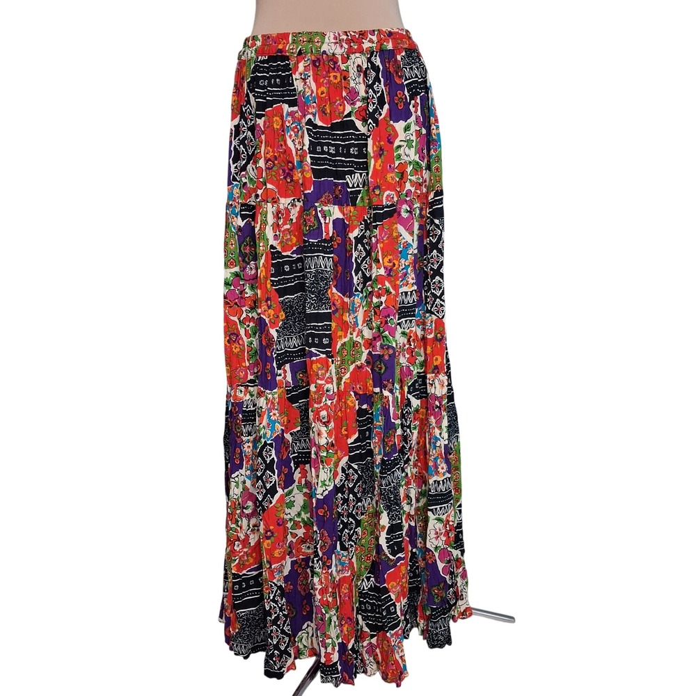 Cactus Flower Womens Patchwork Floral Tiered Broom Stick Maxi Skirt Rayon Boho